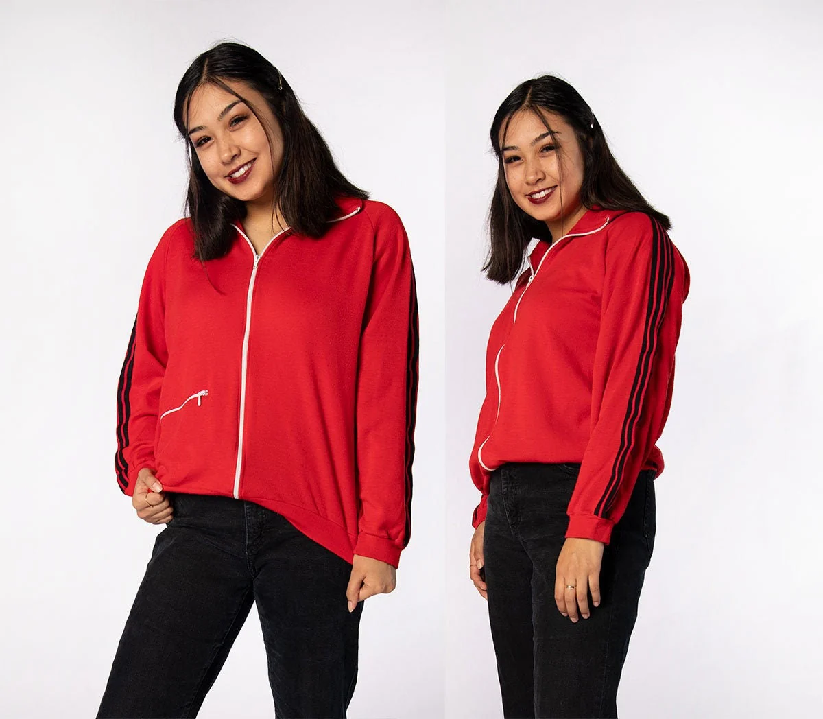 Vintage 70s Track Jacket Cherry Red and Black Striped Warm Up Jogging Zip Pocket Jacket Large by OJelenk - Image 3