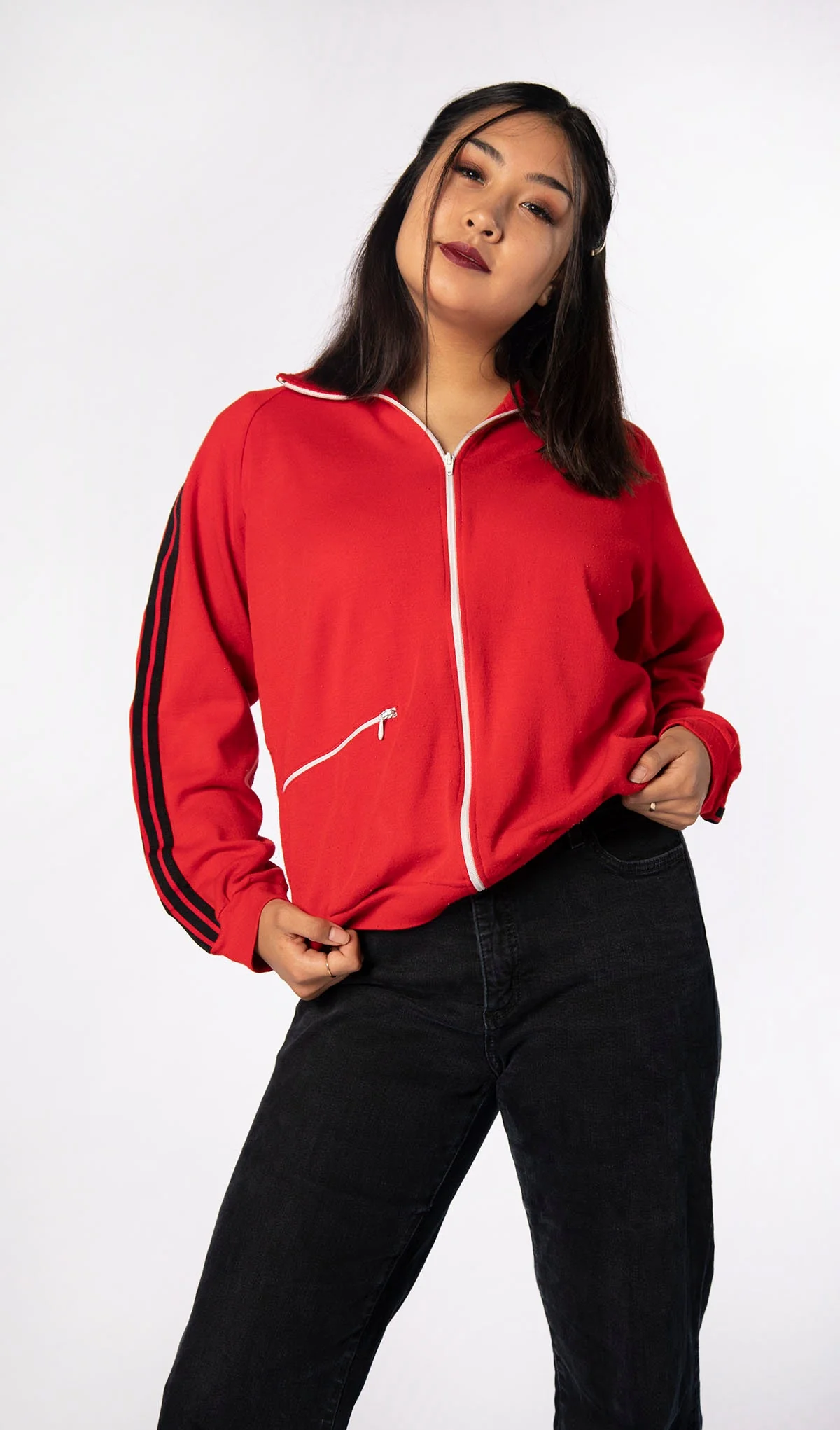 Vintage 70s Track Jacket Cherry Red and Black Striped Warm Up Jogging Zip Pocket Jacket Large by OJelenk - Image 4