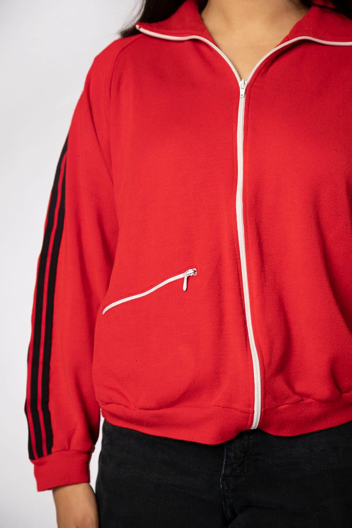 Vintage 70s Track Jacket Cherry Red and Black Striped Warm Up Jogging Zip Pocket Jacket Large by OJelenk - Image 8