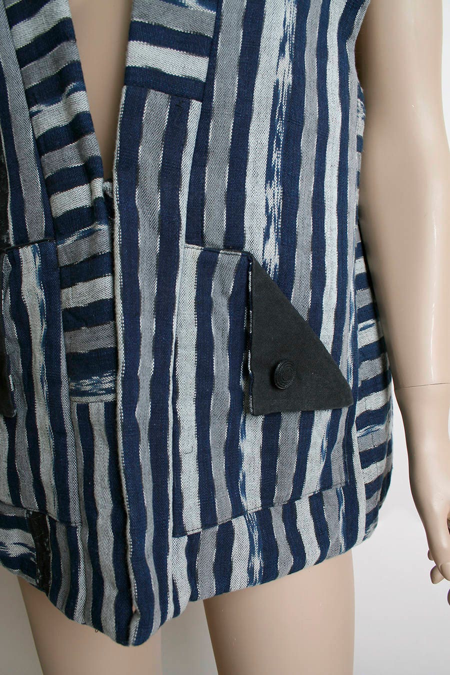 Vintage 70s Vest Top - Navy Blue Black and White Striped Patchwork Print Tuxedo Style Pocket Vest - Summer of Love - Festival - Image 3