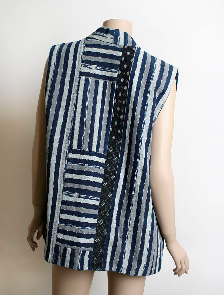 Vintage 70s Vest Top - Navy Blue Black and White Striped Patchwork Print Tuxedo Style Pocket Vest - Summer of Love - Festival - Image 4