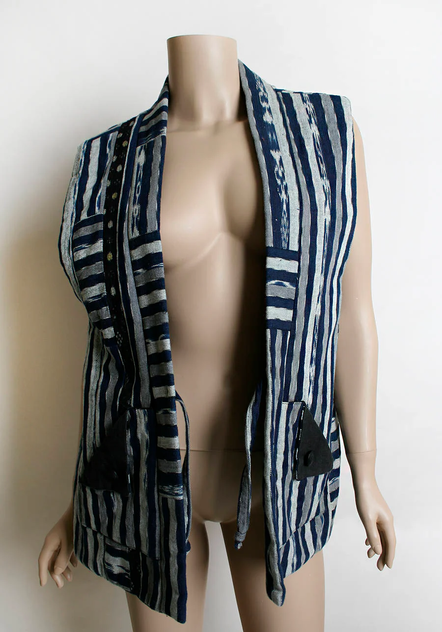 Vintage 70s Vest Top - Navy Blue Black and White Striped Patchwork Print Tuxedo Style Pocket Vest - Summer of Love - Festival - Image 5