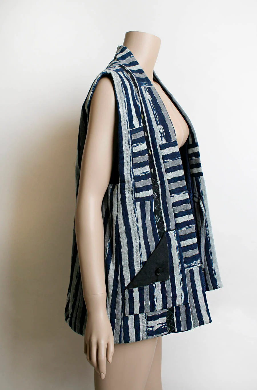Vintage 70s Vest Top - Navy Blue Black and White Striped Patchwork Print Tuxedo Style Pocket Vest - Summer of Love - Festival - Image 6