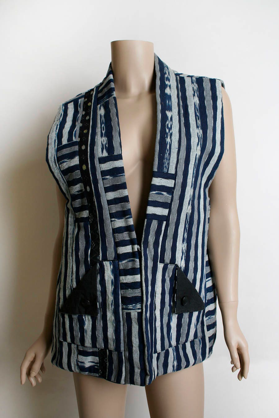 Vintage 70s Vest Top - Navy Blue Black and White Striped Patchwork Print Tuxedo Style Pocket Vest - Summer of Love - Festival - Image 7