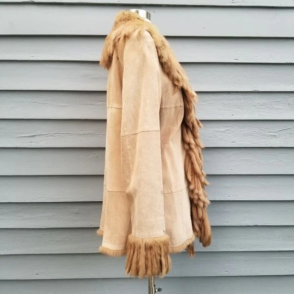 Vintage 70s Western Camel Tan Suede Leather Fringe Penny Lane Coat by Franklin Allen - Image 2