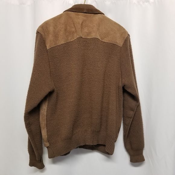 Vintage 70s Western Tan Suede Leather with Brown Knit Bomber Jacket Large by Bouvy - Image 2
