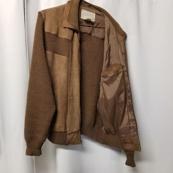 Vintage 70s Western Tan Suede Leather with Brown Knit Bomber Jacket Large by Bouvy - Image 7