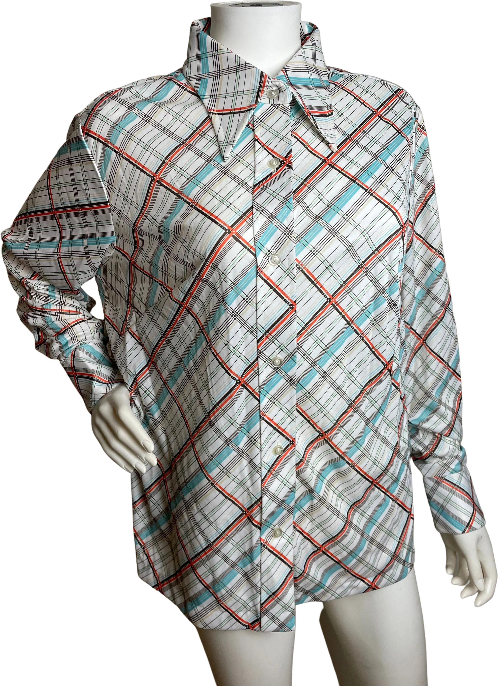 Vintage 70s White Blue Orange Long Sleeve Button Down Dagger Collar Xl