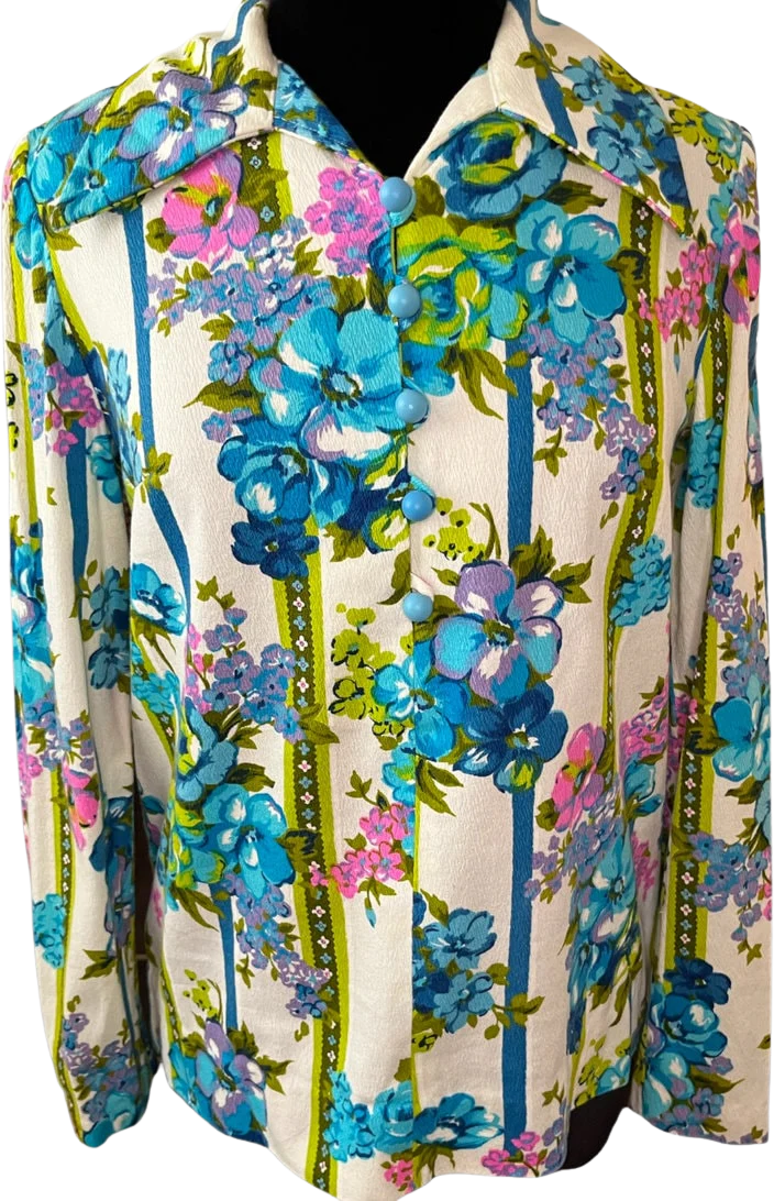 Vintage 70s White Blue Stripes Floral Long Sleeve Shirt Small Med