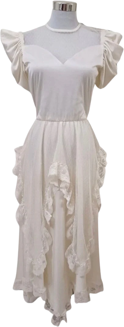 Vintage 70s White Designer Dress 70s Ruffles and Lace Dress, 70s Diamonds Run Dress, 70s Disco Dress, 70s Casual Wedding Dress, 70s Size 6