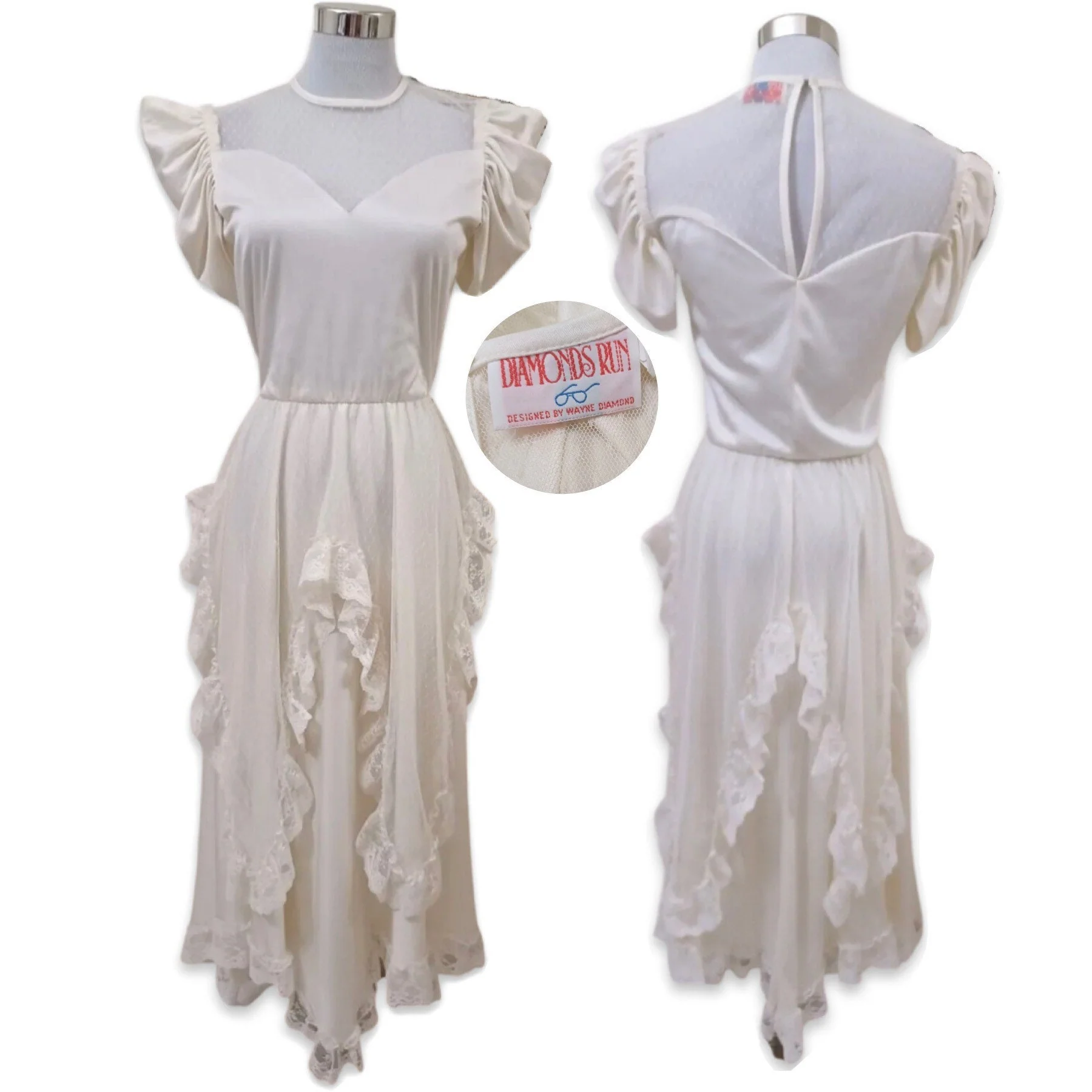 Vintage 70s White Designer Dress 70s Ruffles and Lace Dress, 70s Diamonds Run Dress, 70s Disco Dress, 70s Casual Wedding Dress, 70s Size 6 - Image 7