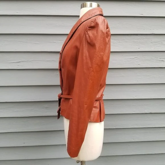 Vintage 70s Winlit Whiskey Brown Leather Belted Bolero Cropped Jacket Small by Winlit - Image 3