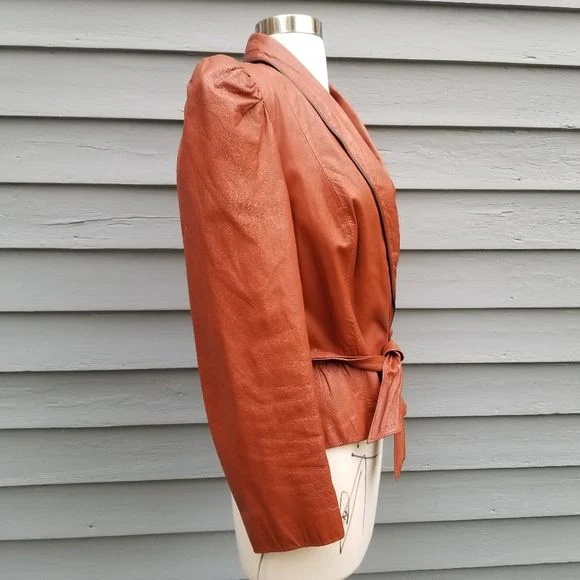 Vintage 70s Winlit Whiskey Brown Leather Belted Bolero Cropped Jacket Small by Winlit - Image 7