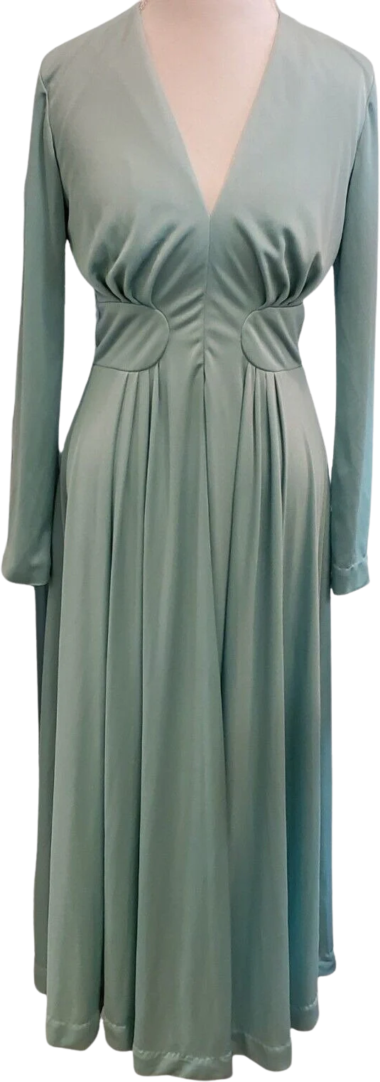 Vintage 70s Womens Sz Medium Mint Green Long Sleeve Maxi Hostess Dress V-Neck
