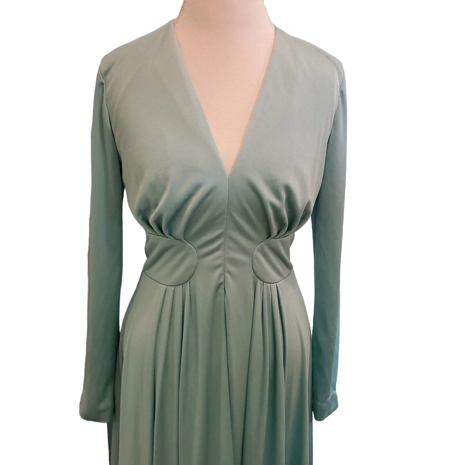 Vintage 70s Womens Sz Medium Mint Green Long Sleeve Maxi Hostess Dress V-Neck - Image 3
