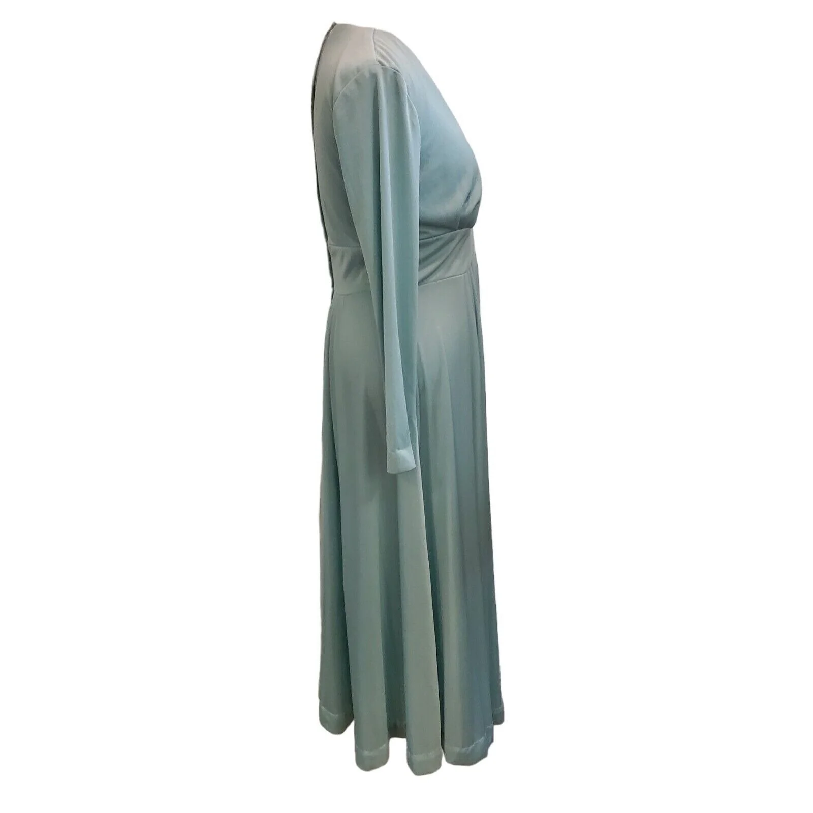 Vintage 70s Womens Sz Medium Mint Green Long Sleeve Maxi Hostess Dress V-Neck - Image 5