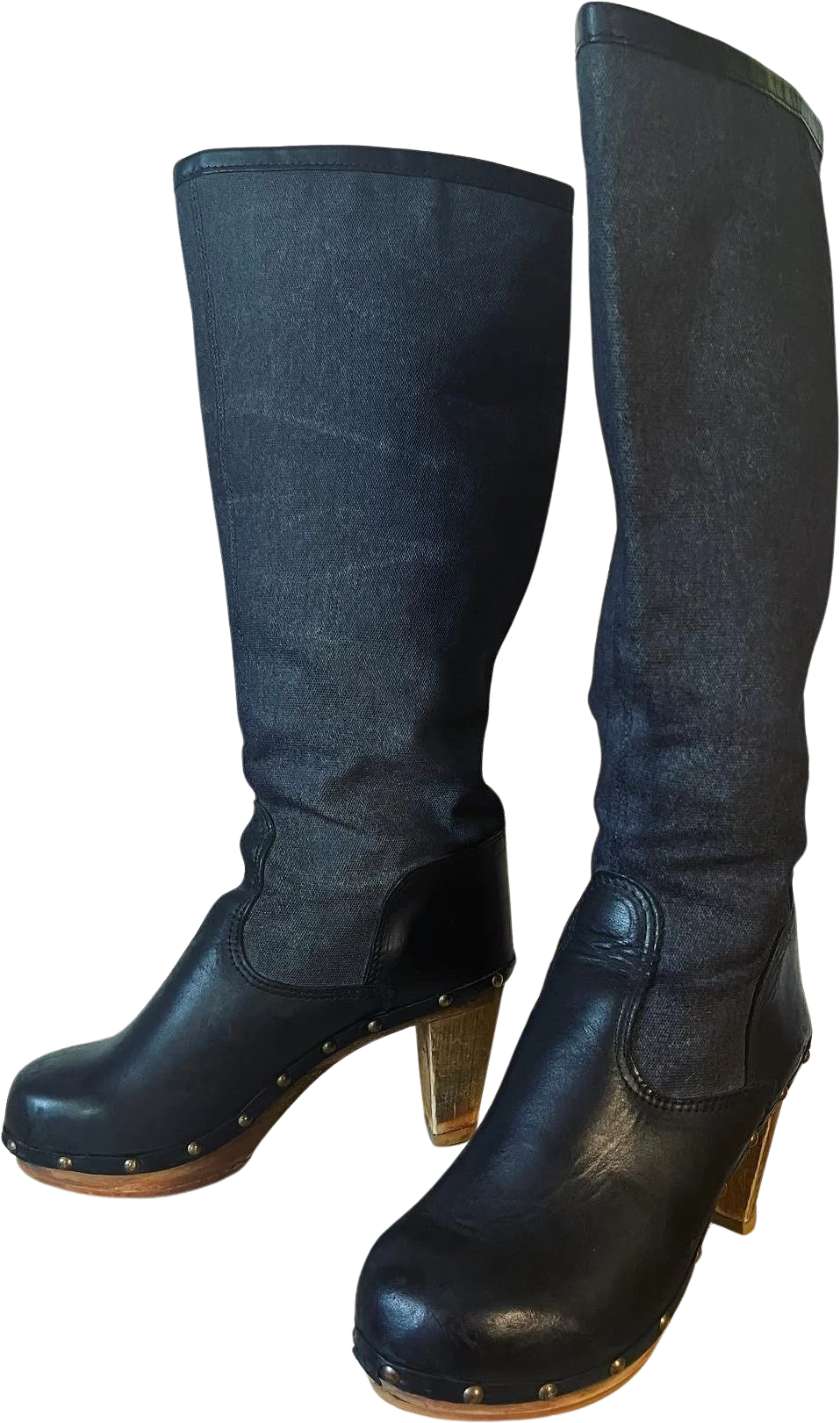 Vintage 70s Wooden Platform Clog Boots with Brass Glam Rock Studding and Black Leather and Denim Like Canvas Exterior by Sanita Danish Designs