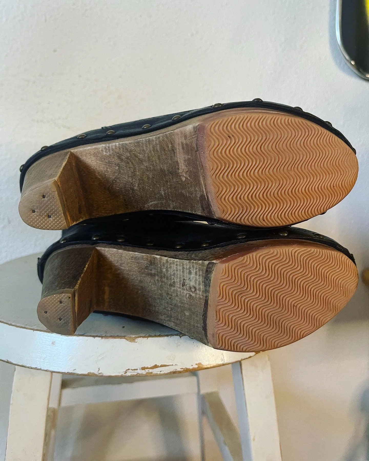 Vintage 70s Wooden Platform Clog Boots with Brass Glam Rock Studding and Black Leather and Denim Like Canvas Exterior by Sanita Danish Designs - Image 10