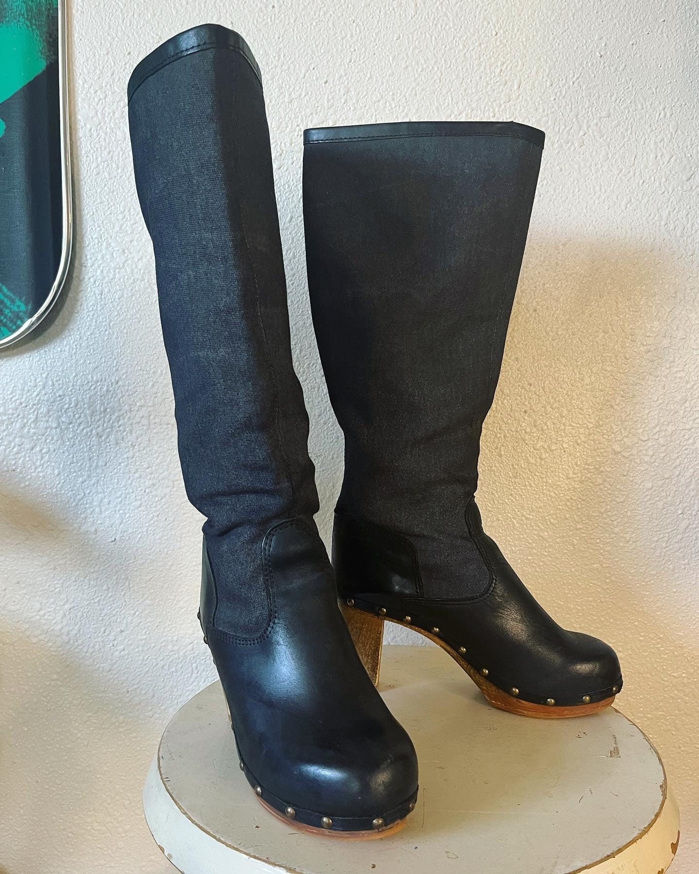 Vintage 70s Wooden Platform Clog Boots with Brass Glam Rock Studding and Black Leather and Denim Like Canvas Exterior by Sanita Danish Designs - Image 2