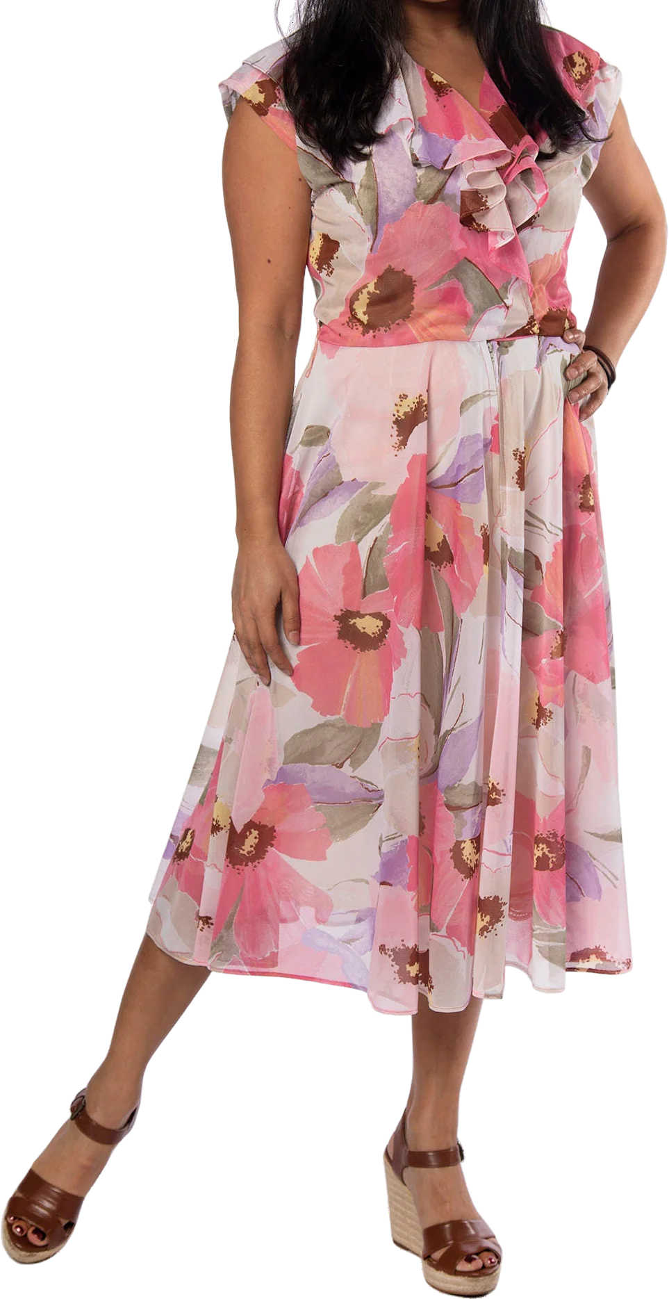 Vintage 70s Wrap Dress Light Pastel Pink Floral Print Ruffle Neckline and Fluttery Flowy Skirt by San Francisco Solo