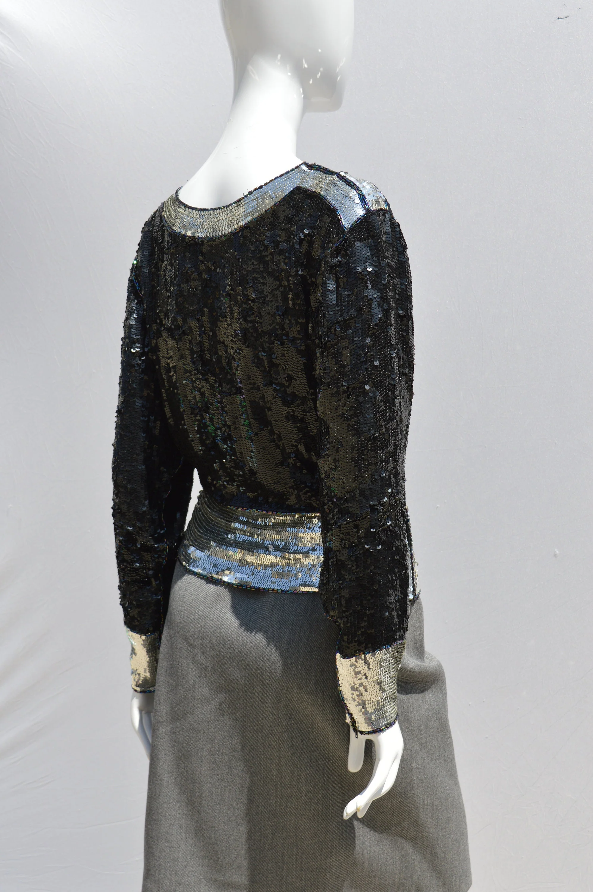 Vintage 70s Ysl Yves Saint Laurent Rive Gauche Disco Sequin Top Blouse Size Small Party Black and Silver Sequins Iridescent Beads by Ysl Yves Saint Laurent - Image 6