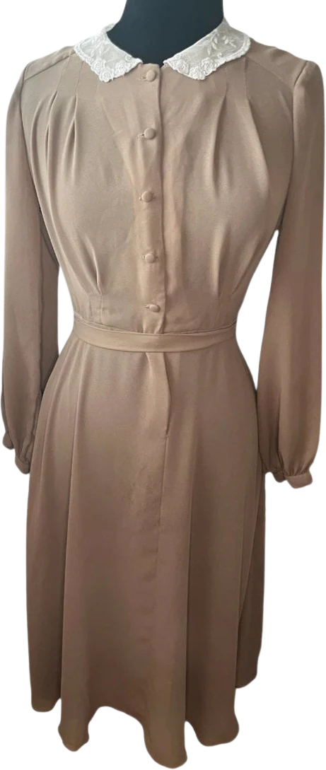 Vintage 70s Zizi Tan Brown White Fall Lace Prairie Cottage Dress 7/8 Small Med by Barbara Chodos