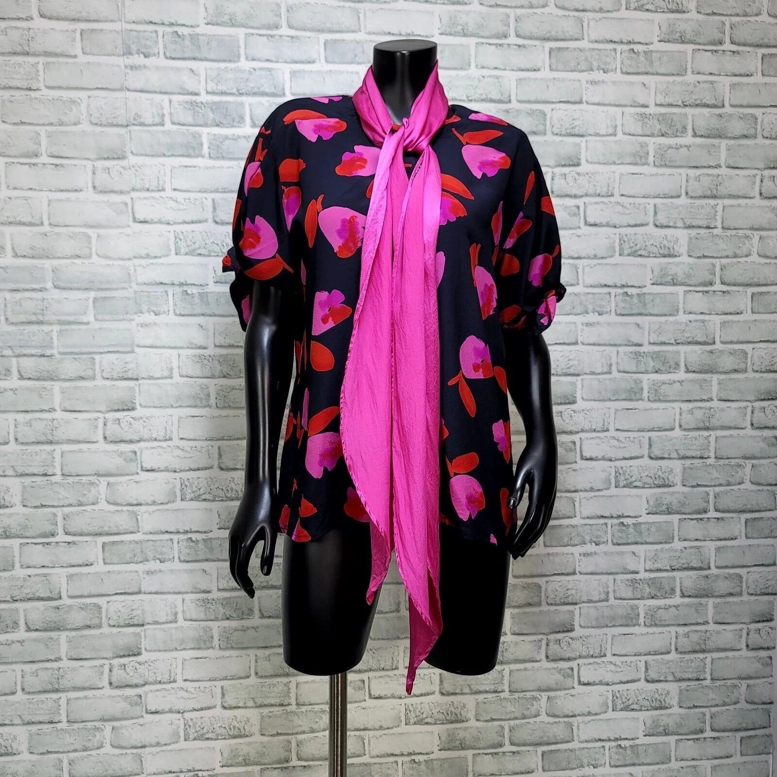 80s Silk Pink Tulip Tie Sleeve Blouse And Scarf By Escada - Image 4