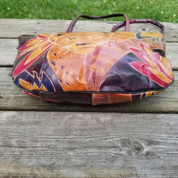 Vintage 80s 80s Leather Leopard Applique Stitched Hand Dyed Tote Bag Purse - Image 5