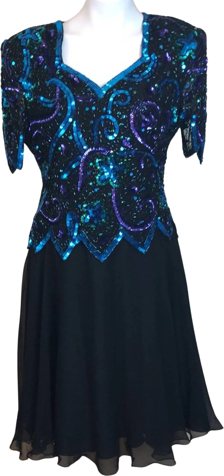 Vintage 80s 90s Beaded Sequined Silk Party Dreglam Evening by Laurence Kazar
