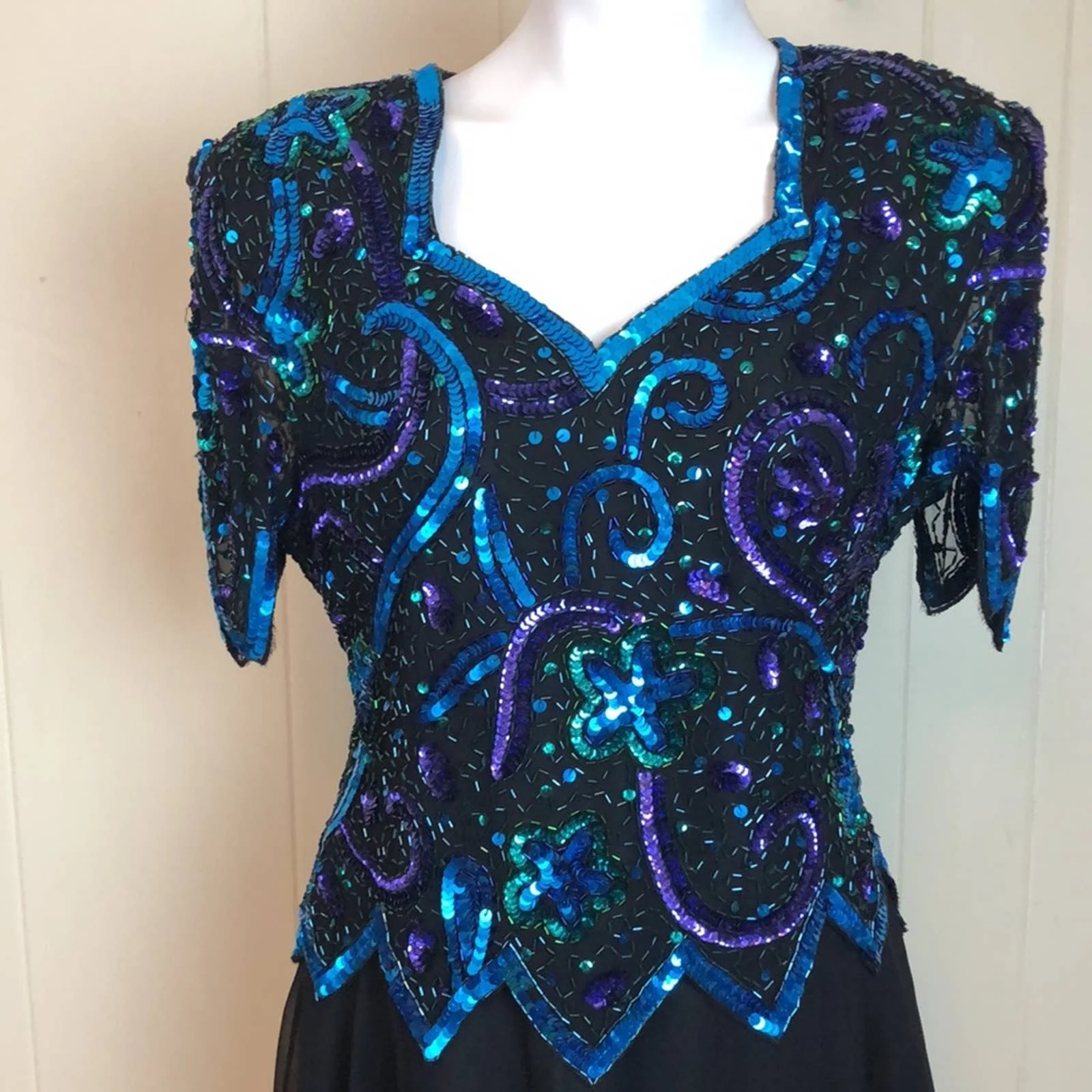 Vintage 80s 90s Beaded Sequined Silk Party Dreglam Evening by Laurence Kazar - Image 2