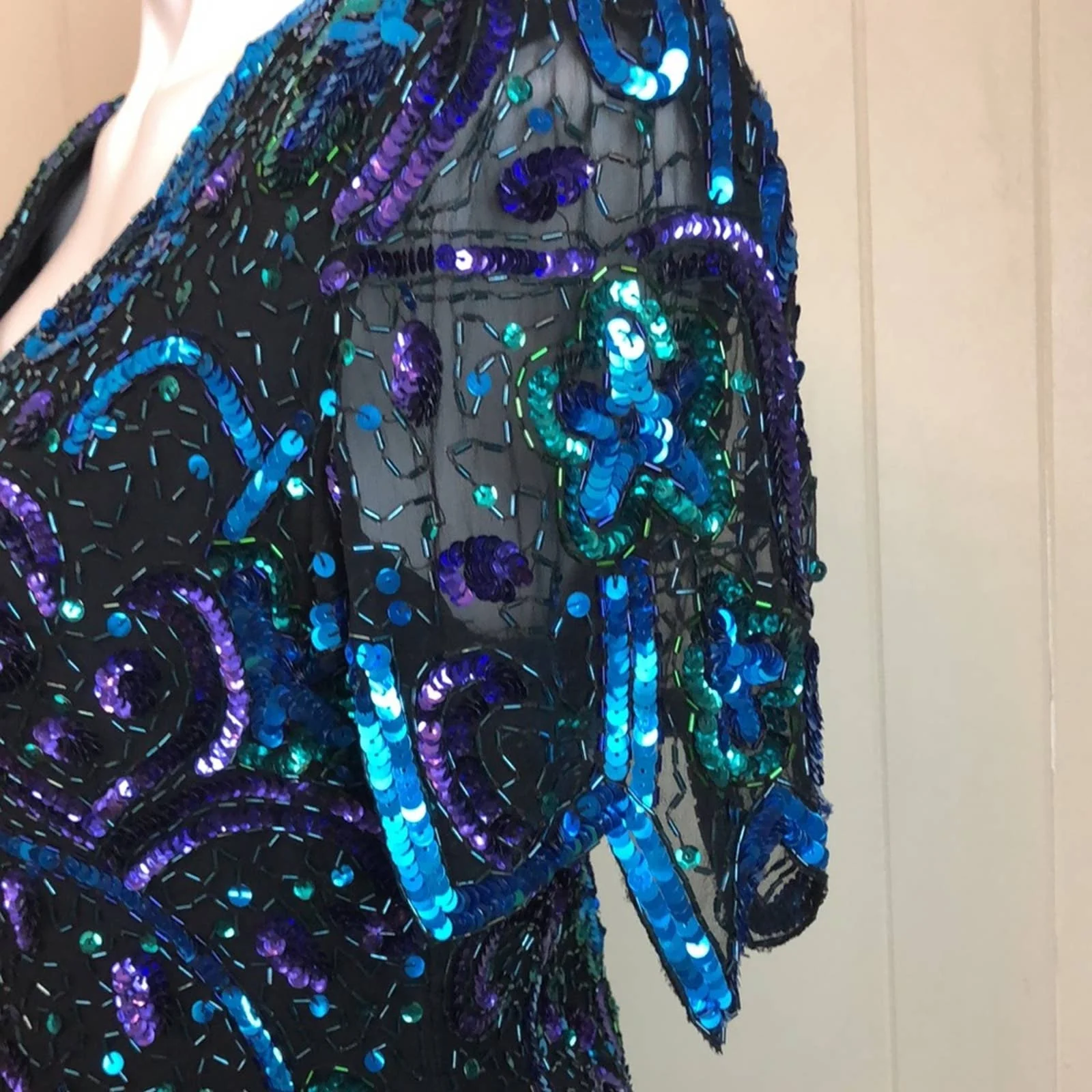 Vintage 80s 90s Beaded Sequined Silk Party Dreglam Evening by Laurence Kazar - Image 4