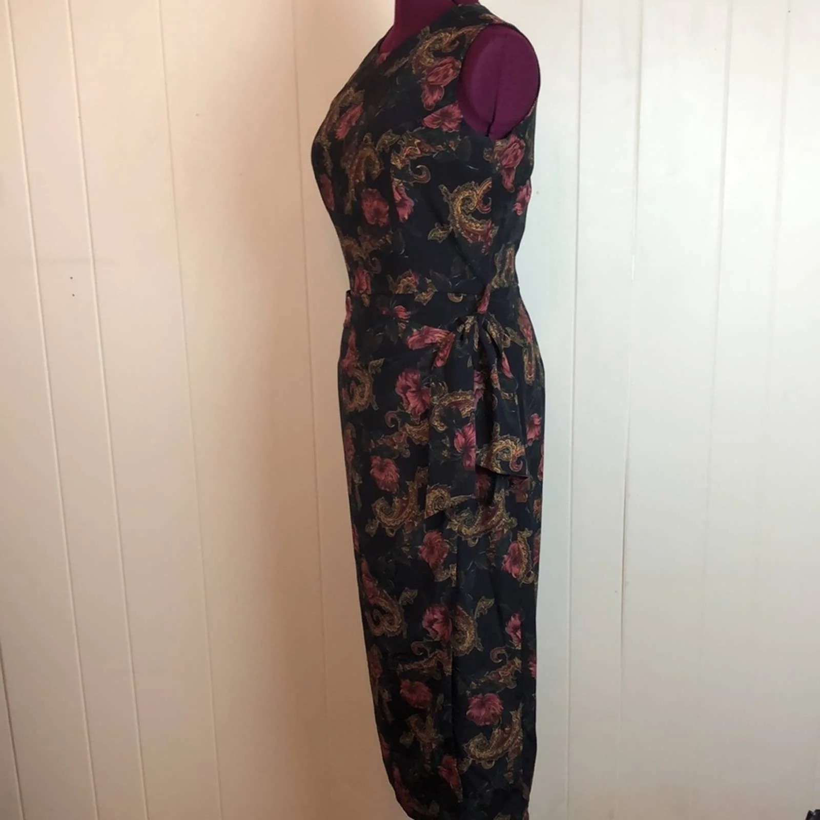 Vintage 80s 90s Classy Fall Floral Sheath Dress Medium Sarong Skirt Party by Pat Argenti - Image 3