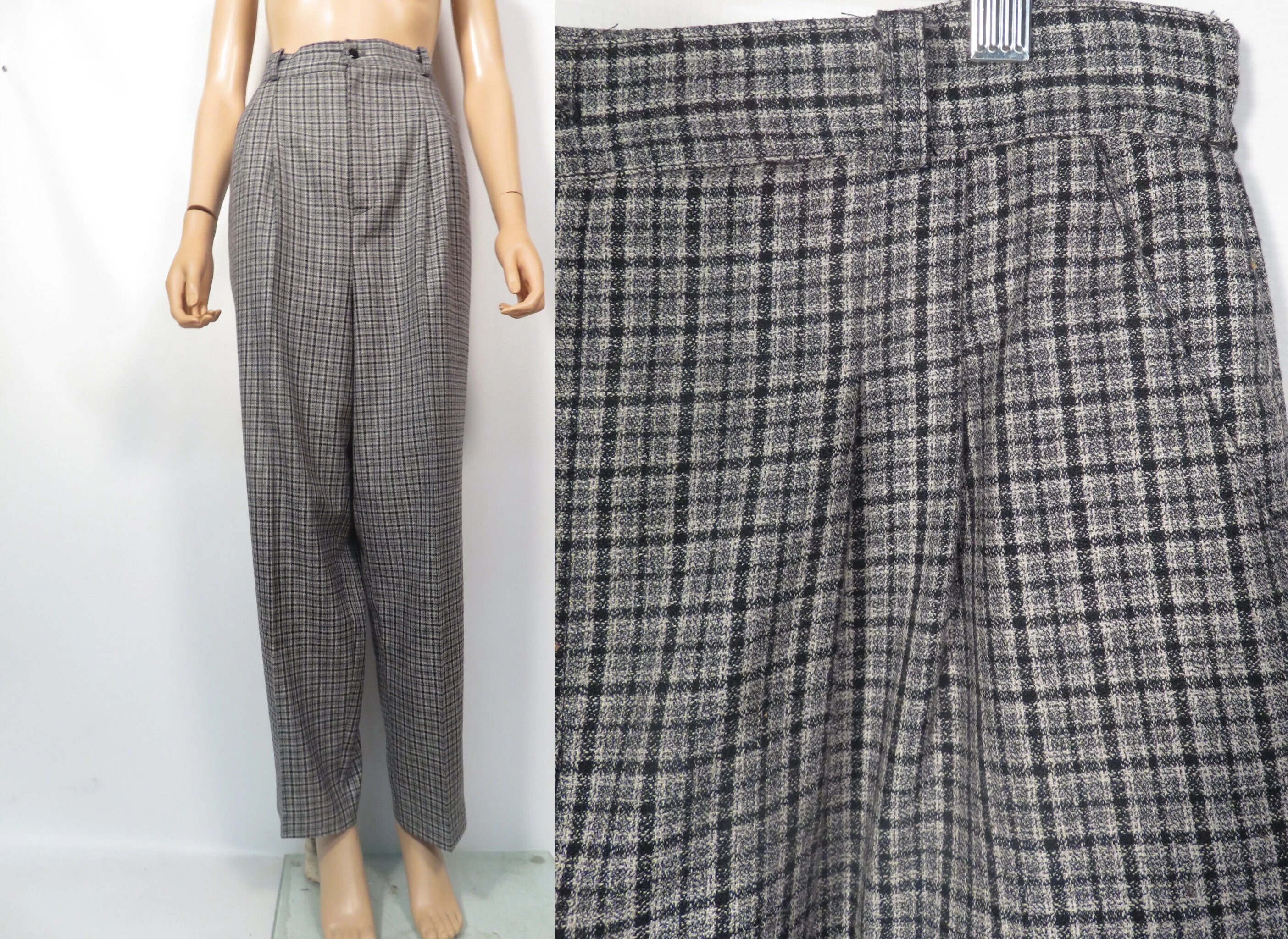 Vintage 80s/90s Gray Plaid High Waist Pleat Front Trousers Made In Usa Size L 14 by Christy girl - Image 3