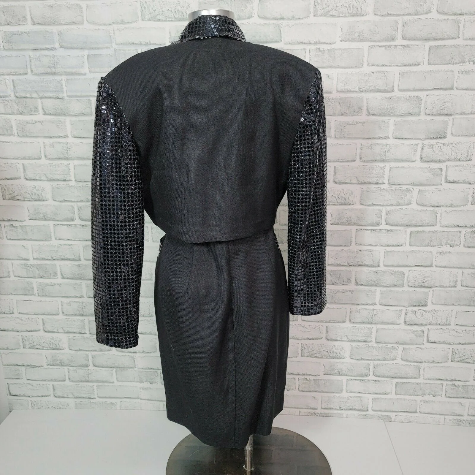 80s/90s Black Sequin Suit Dress And Bolero Jacket Set By Joseph Ribkoff - Image 2