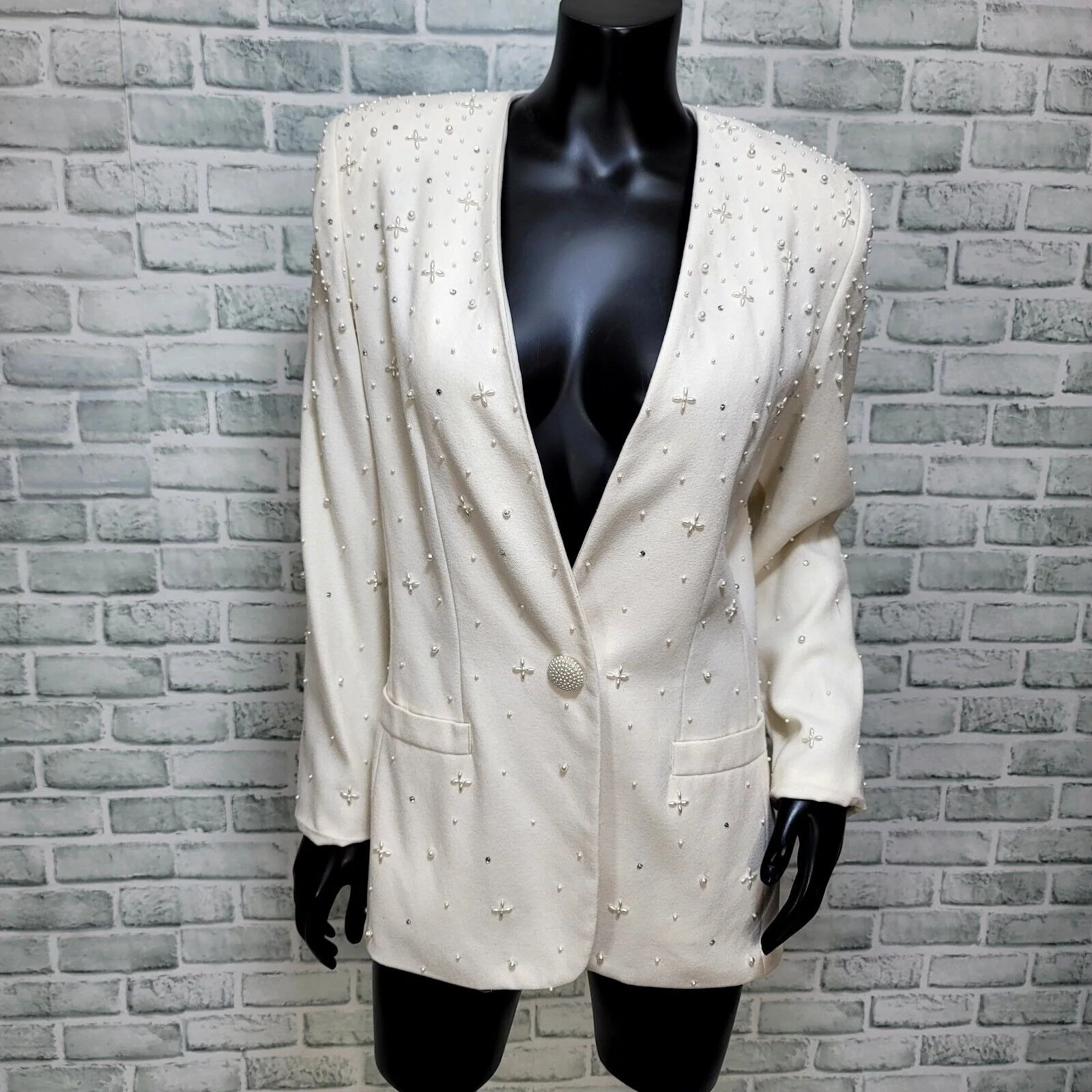 80s/90s Cream Beaded Rhinestone Blazer By Nolan Miller - Image 2