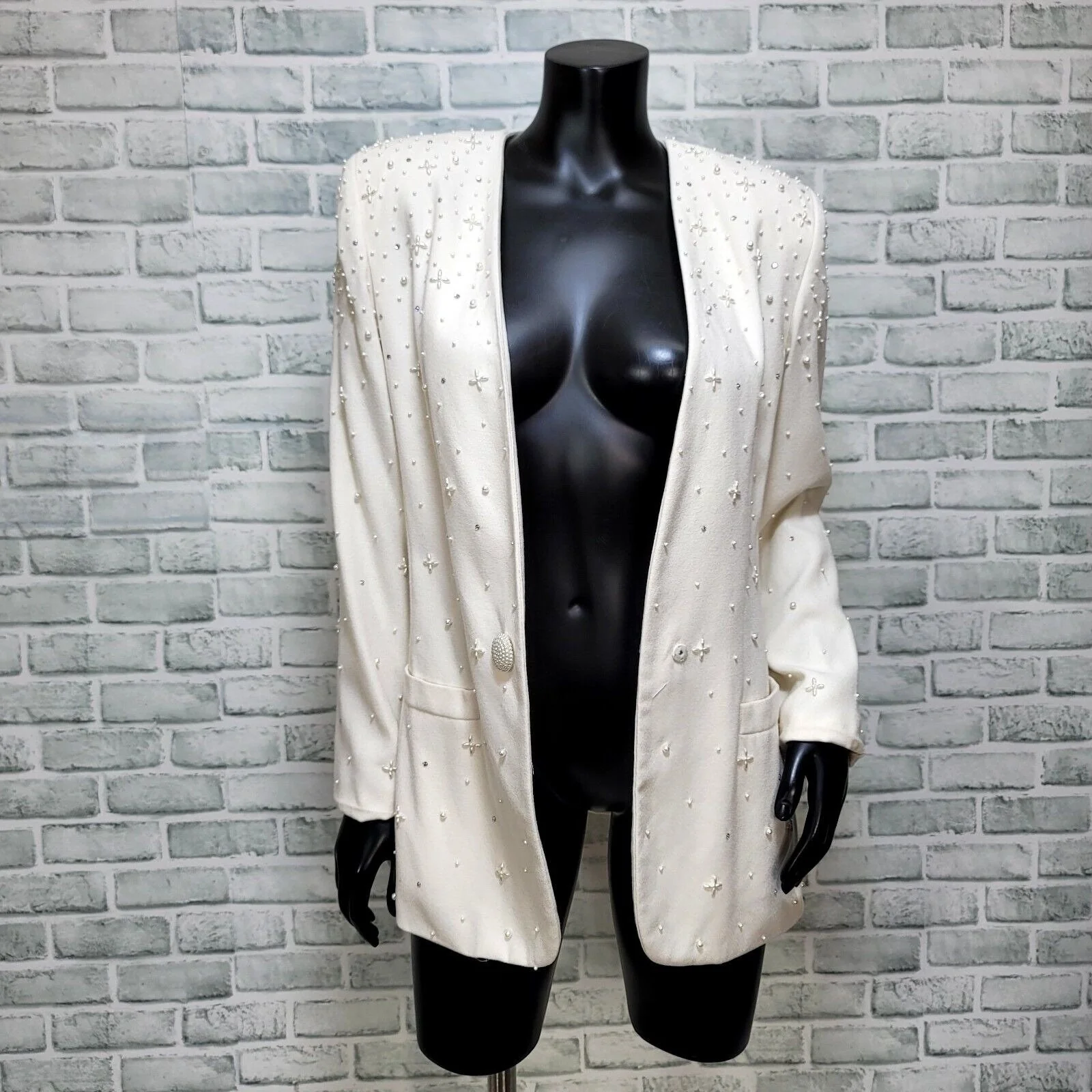 80s/90s Cream Beaded Rhinestone Blazer By Nolan Miller - Image 7