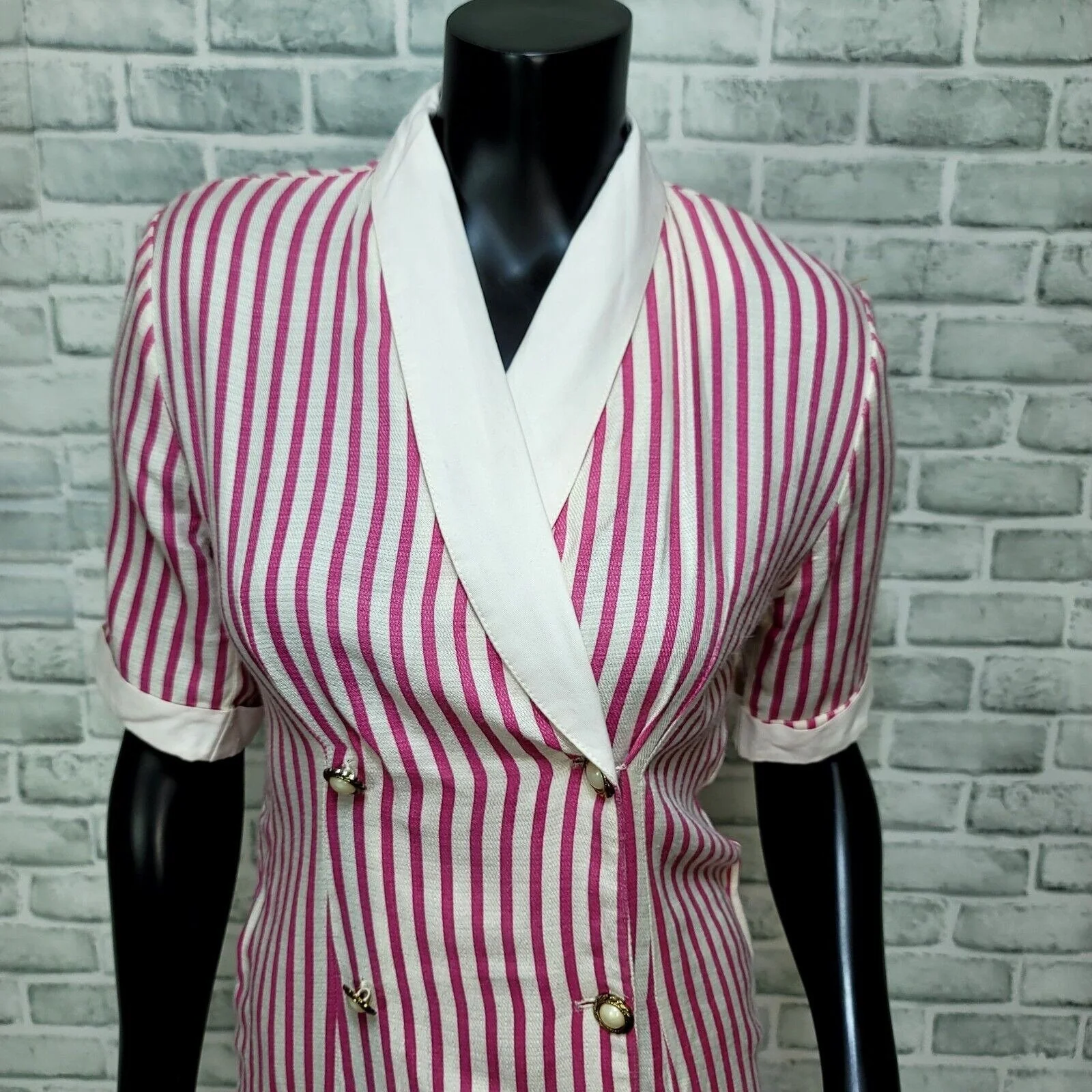 80s/90s Pink White Candy Striped Double Breasted Dress - Image 3