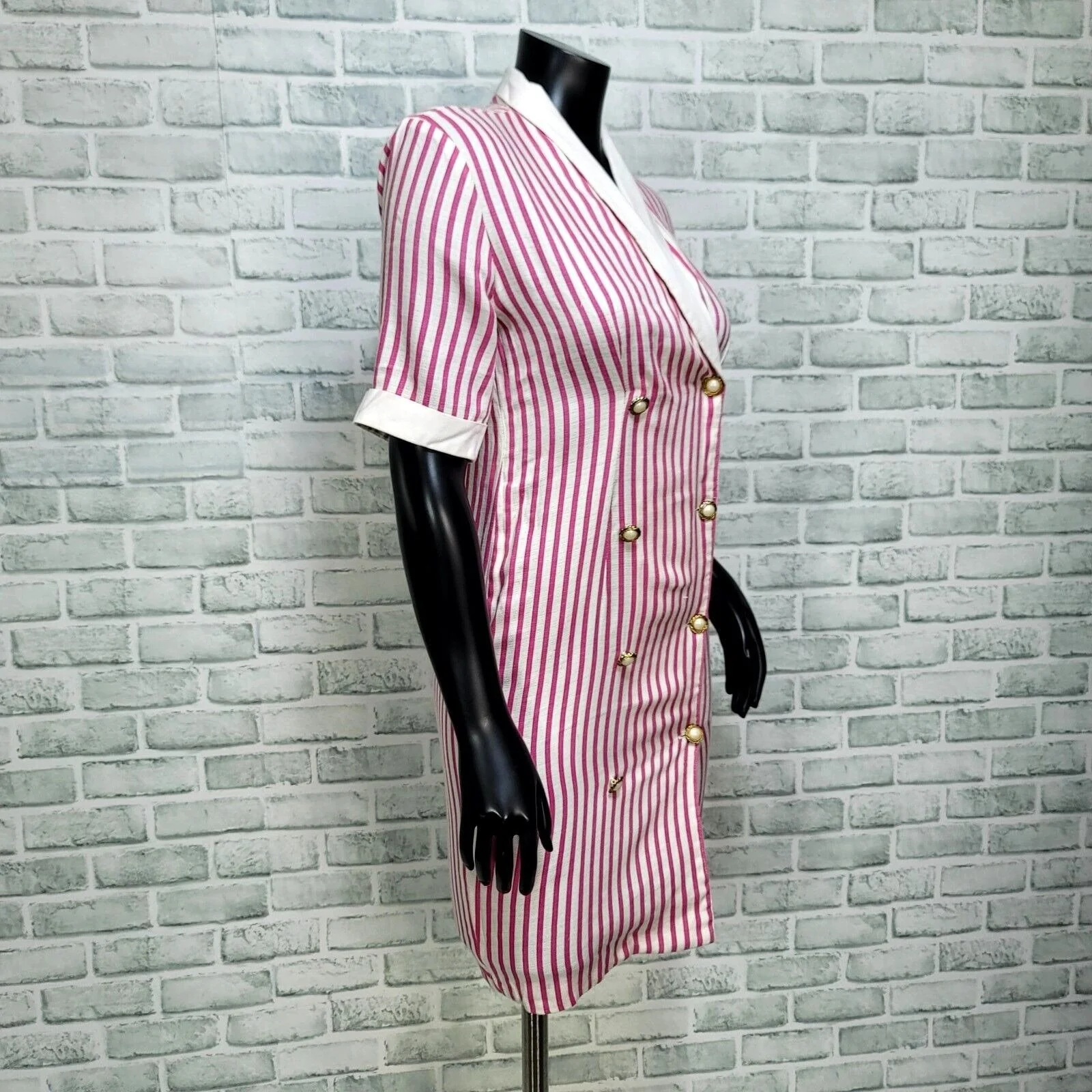 80s/90s Pink White Candy Striped Double Breasted Dress - Image 6