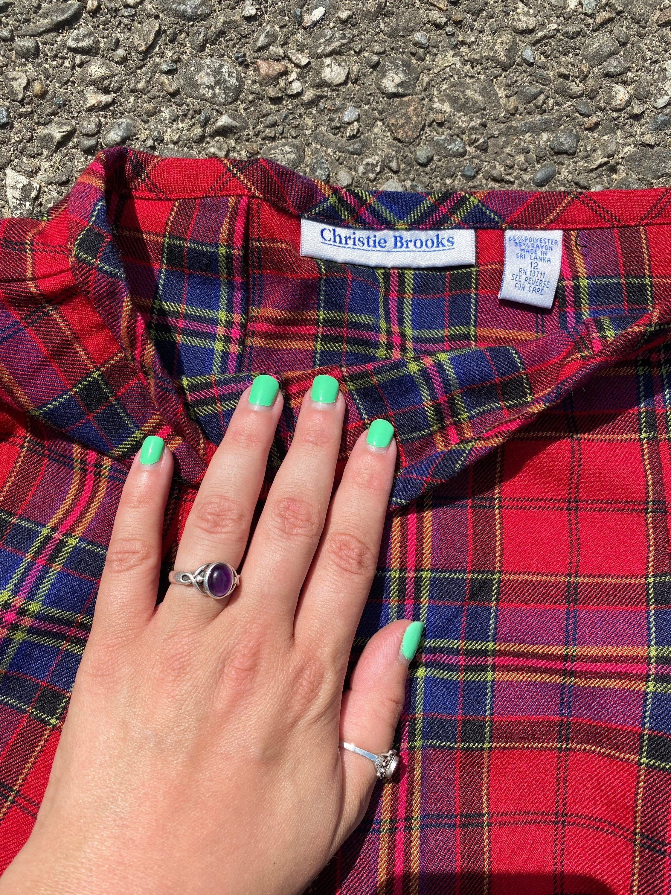 Vintage 80s 90s Red Pink Yellow Classic Plaid Mini Skirt Size Small 24 25 Waist by Christie Brooks - Image 3