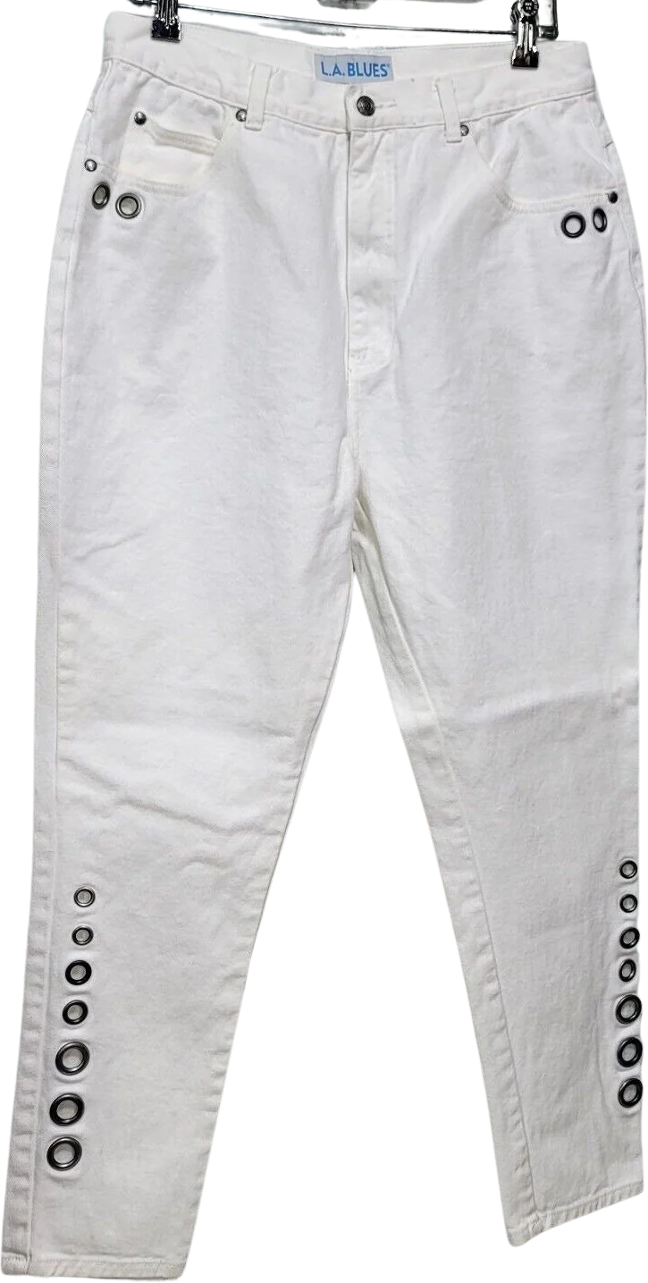 80s/90s White Denim Grommet Cropped Tapered Jeans By LA Blues