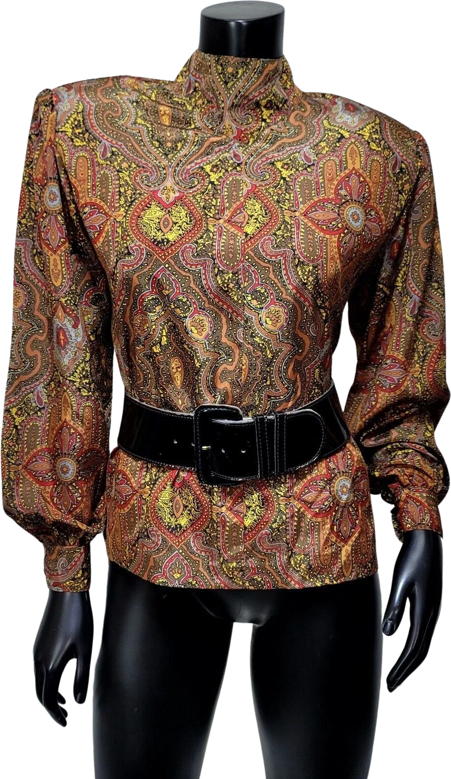 80s/90s Mock Neck Paisley Satin Poly L/s Blouse By Notations