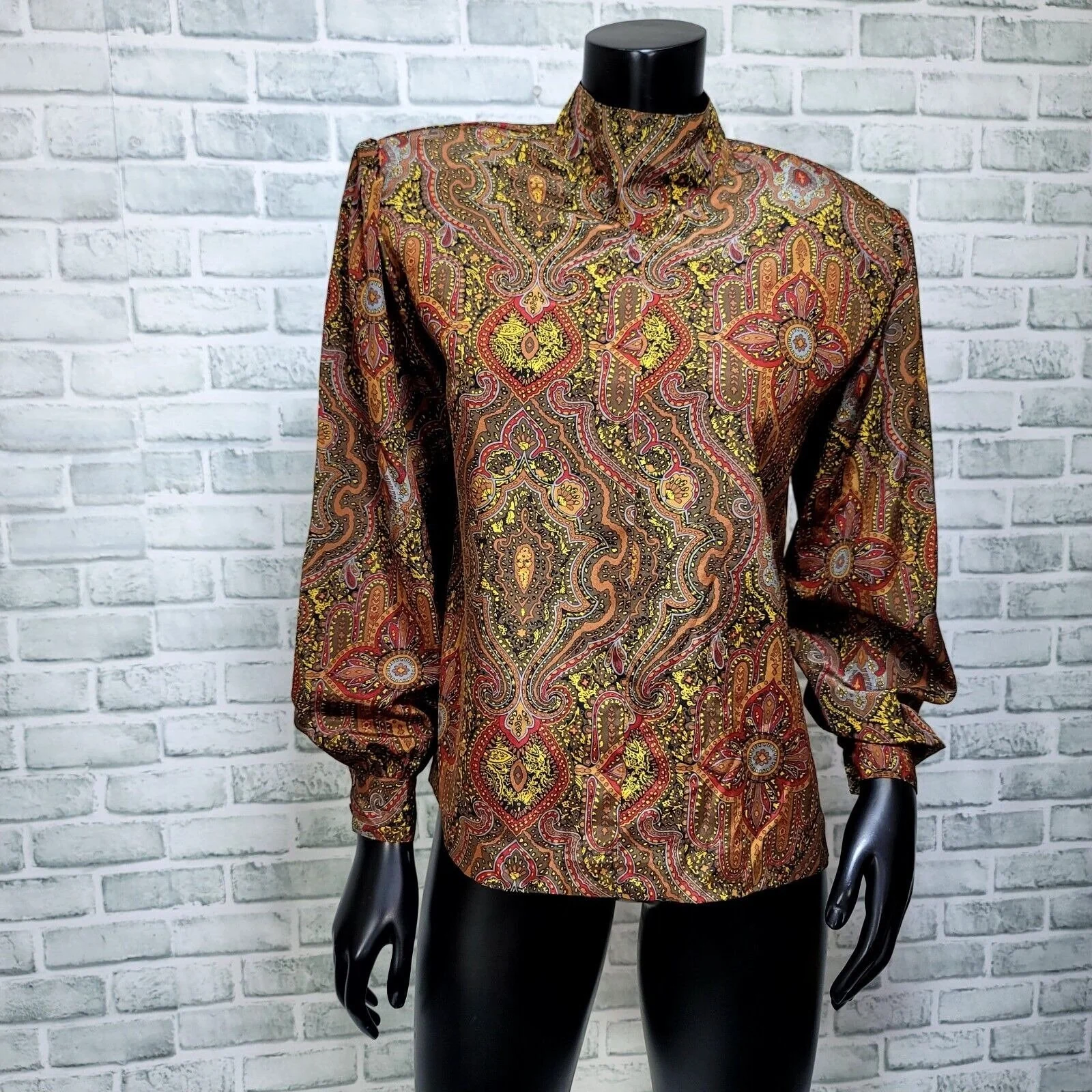80s/90s Mock Neck Paisley Satin Poly L/s Blouse By Notations - Image 2