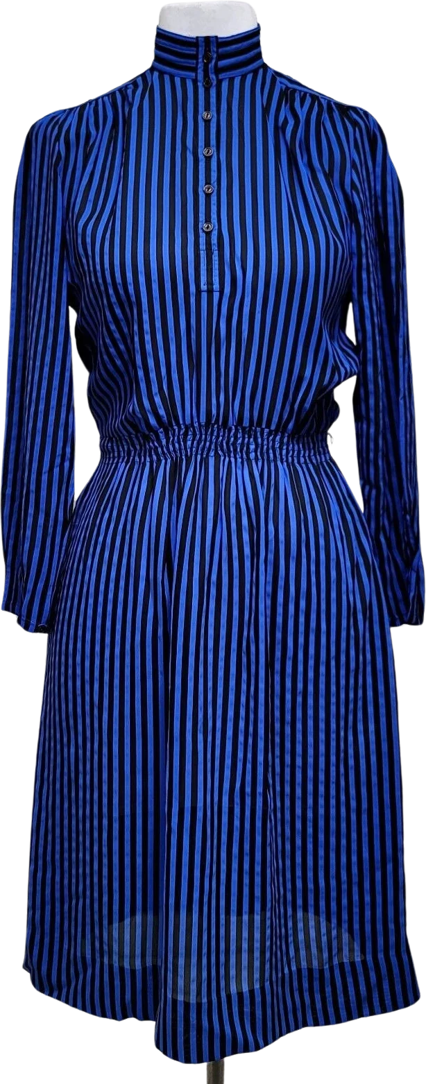 80s Blue Black Vertical Striped Sheer Popover Dress By BGB Ltd