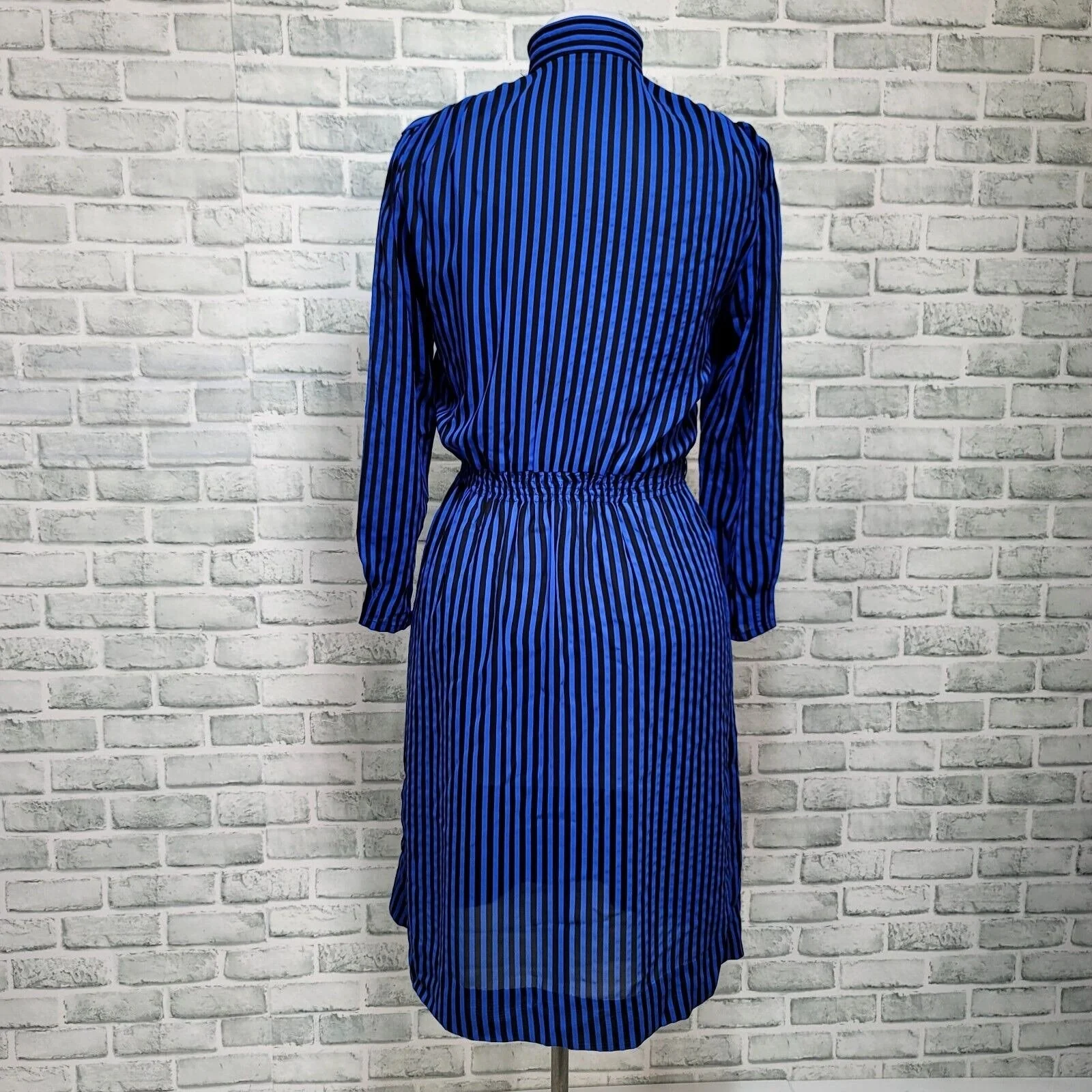 80s Blue Black Vertical Striped Sheer Popover Dress By BGB Ltd - Image 2