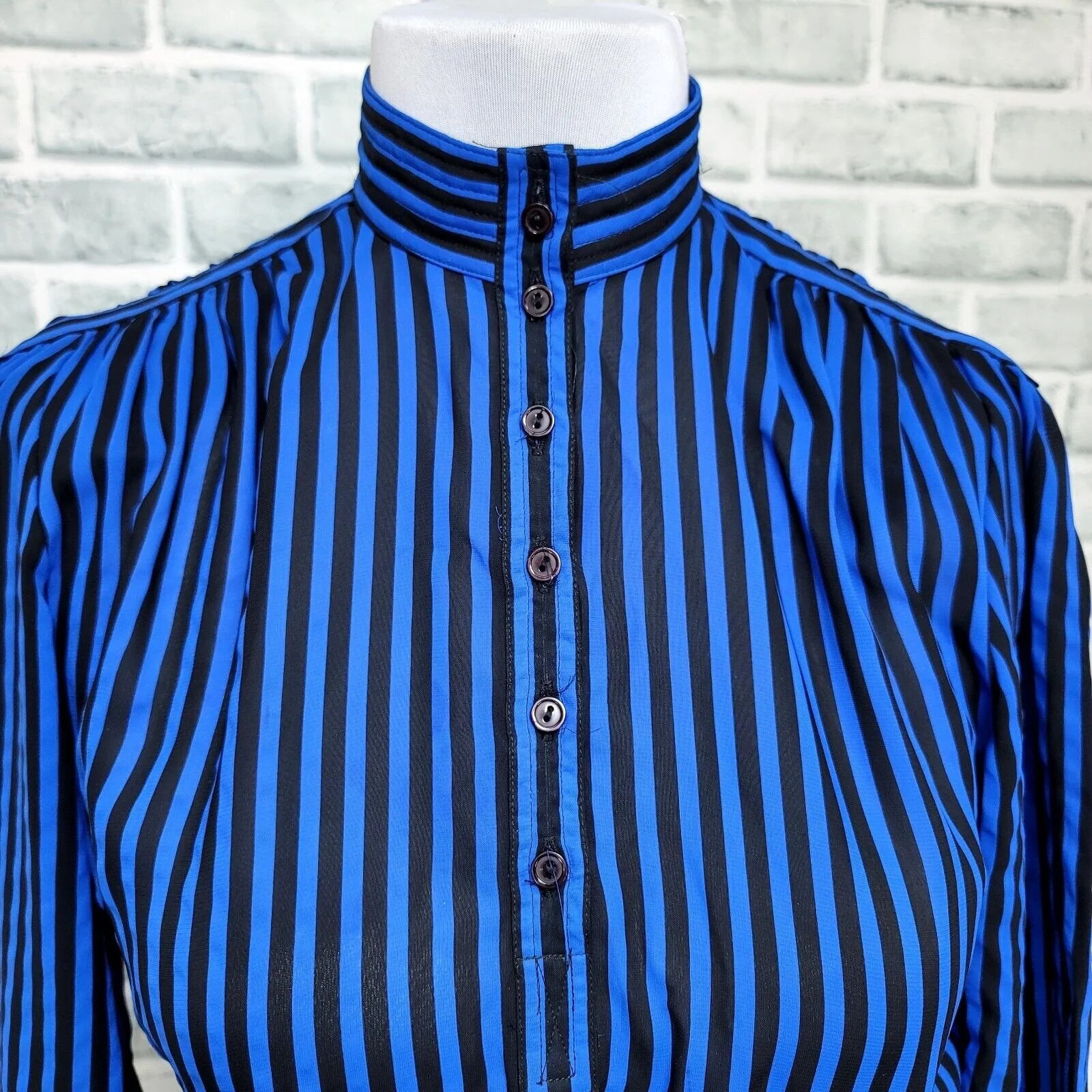80s Blue Black Vertical Striped Sheer Popover Dress By BGB Ltd - Image 3