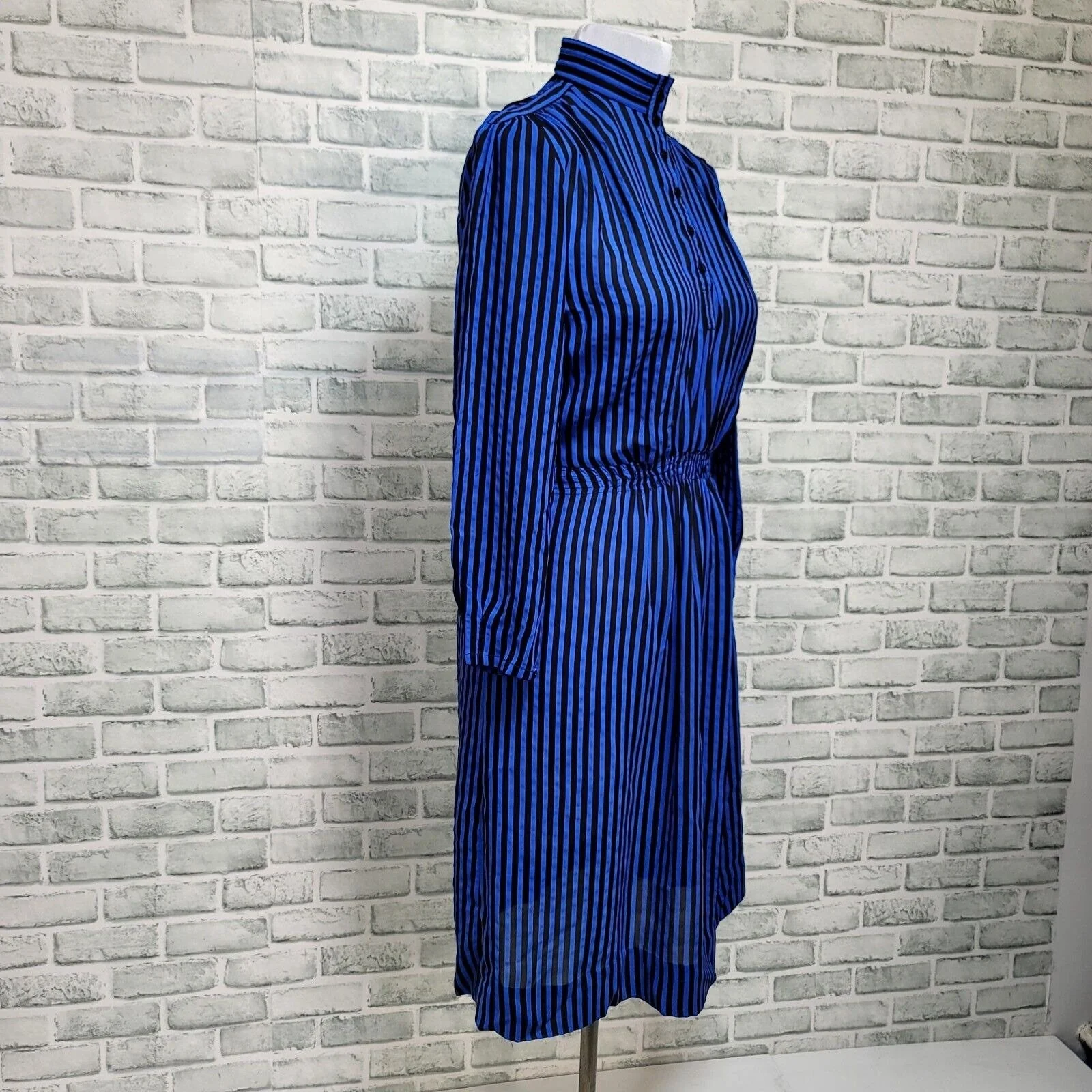 80s Blue Black Vertical Striped Sheer Popover Dress By BGB Ltd - Image 6