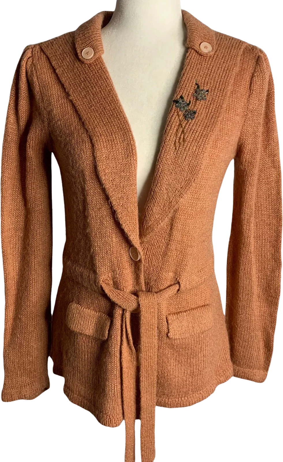 Vintage 80s Beaded Knit Cardigan Sweater M Mauve Pink Buttons Pockets Tie Waist by 20 Ans Knits