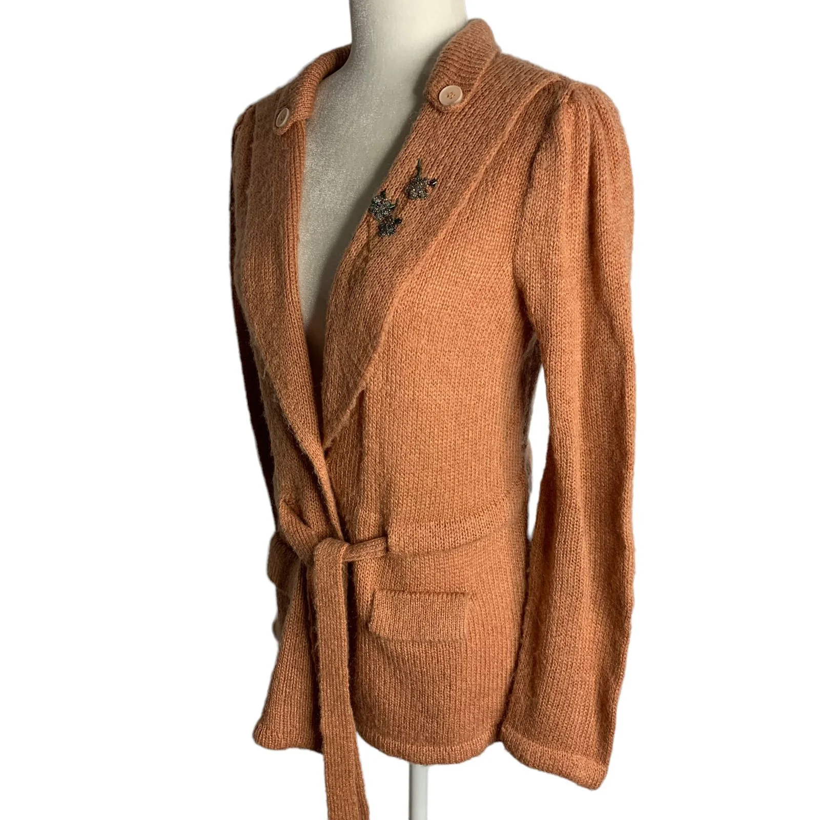 Vintage 80s Beaded Knit Cardigan Sweater M Mauve Pink Buttons Pockets Tie Waist by 20 Ans Knits - Image 6