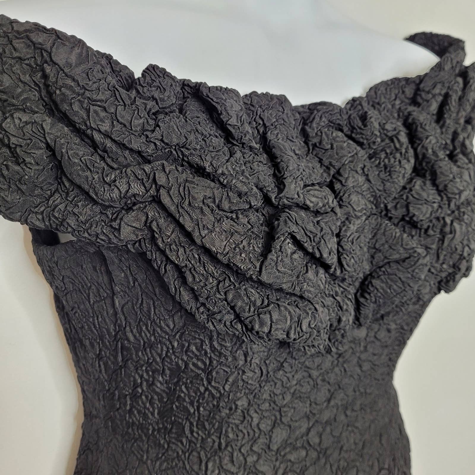 Vintage 80s Black Dress Off The Shoulder Embossed Gathered Cocktail M by Josephine Sasso for Saks Fifth Avenue - Image 3