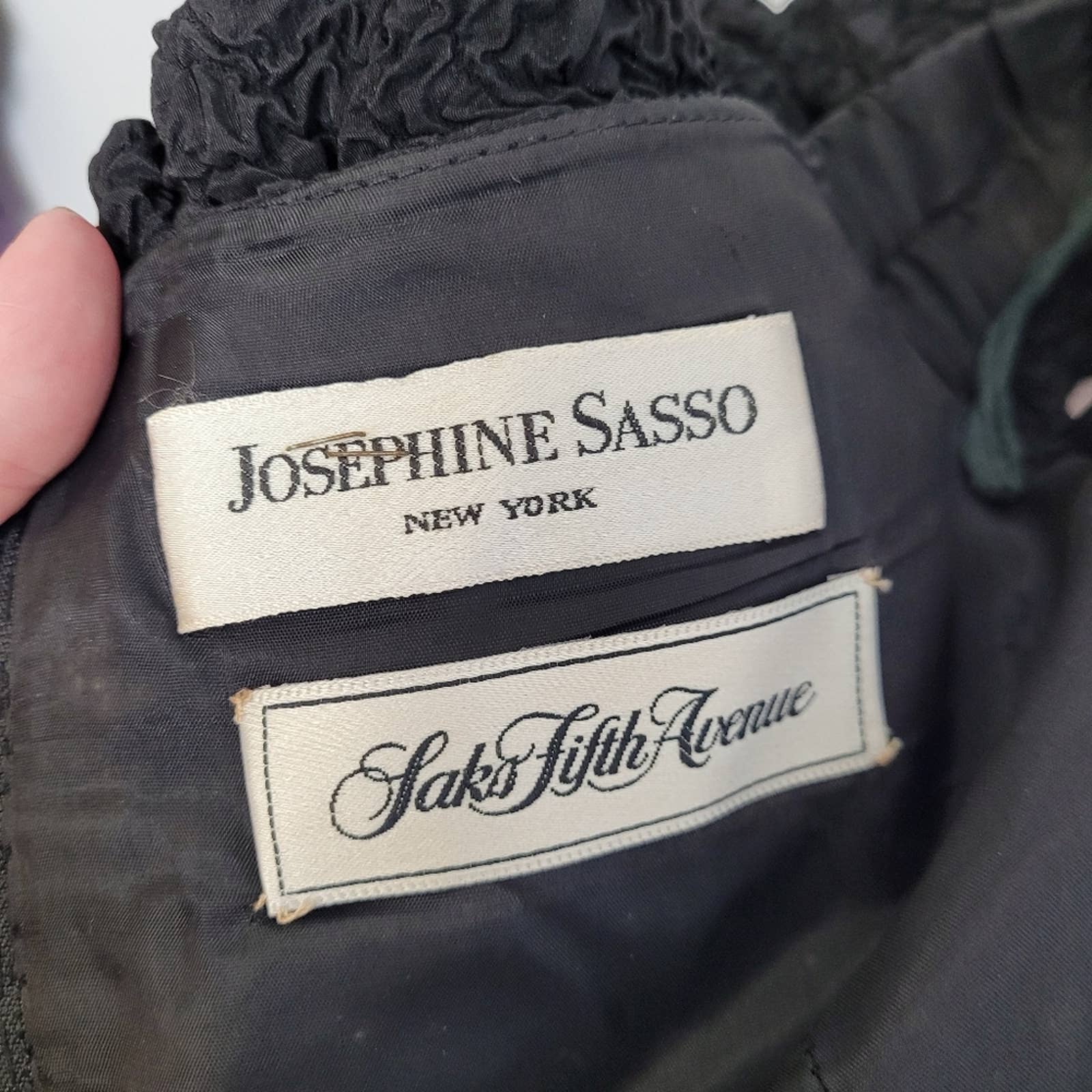 Vintage 80s Black Dress Off The Shoulder Embossed Gathered Cocktail M by Josephine Sasso for Saks Fifth Avenue - Image 5